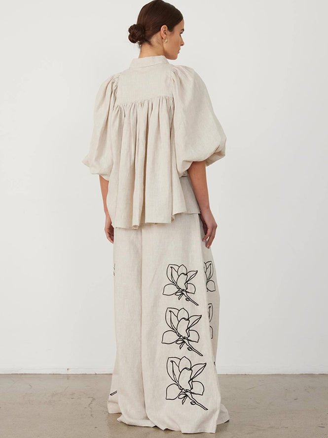 Günlük Keten Çiçekli Takım