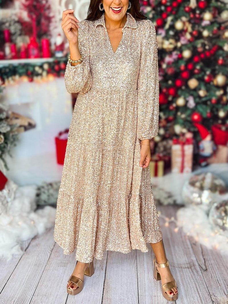 Uzun Kollu V Yaka Payetli Maxi Elbise