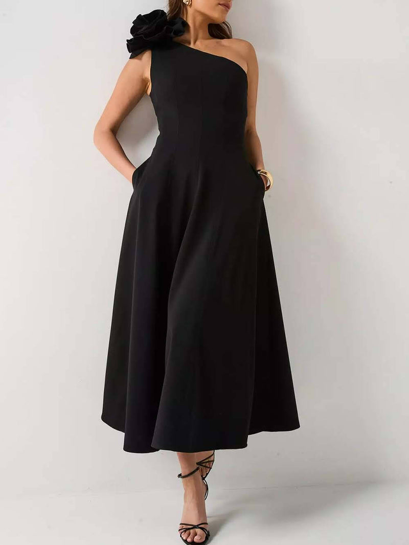 Exquisite One-Shoulder Corsage Midi Dress