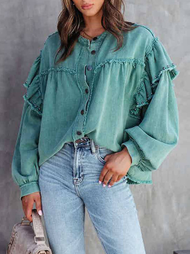 Fener Kol Tırnak Boncuklu Fırfırlı Denim Ceket Kaban