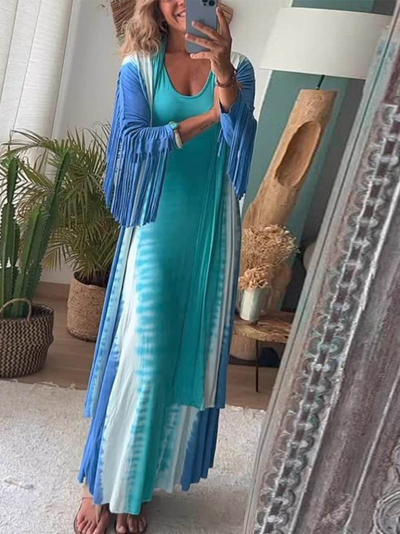 Uzun Kollu Püsküllü Triko Hırka