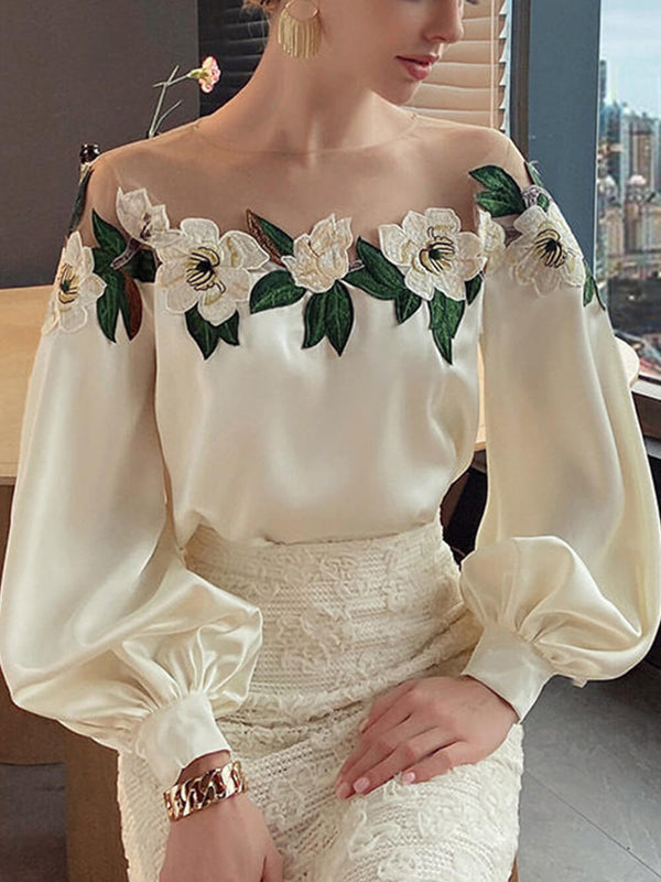 File Panelli Saten Nakışlı Uzun Kollu Gömlek