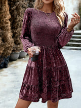 Yuvarlak Yaka Günlük Kadife Mini Elbise