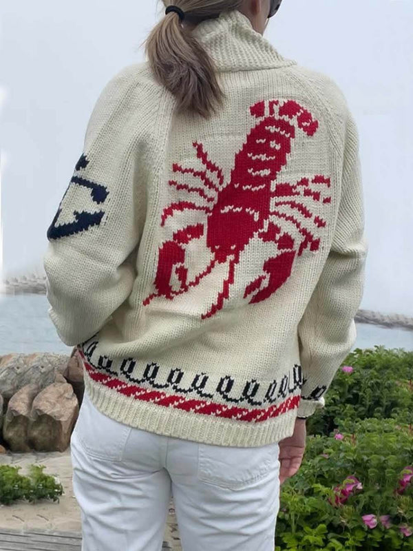 Fashion Lobster Print Casual Long Sleeve Knit Cardigan