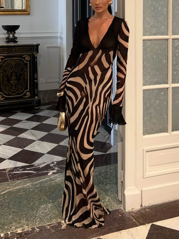 Elegant Night Chiffon Colorblock Animal Print Tie-up Long Sleeve Maxi Dress
