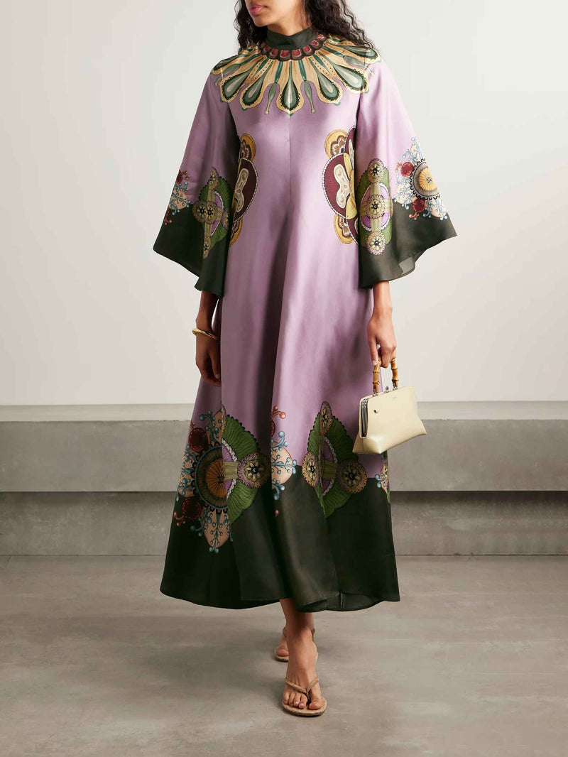 Retro Sophisticated Satin Floral Print Maxi Dress