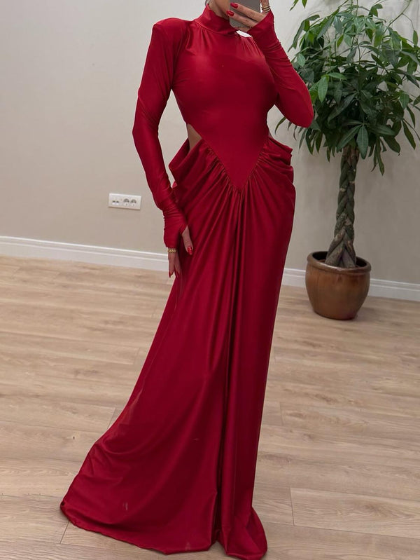 Elegant Hollow High-neck Slim Pleated Maxi Dress