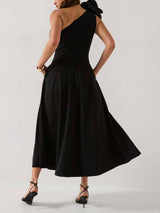 Exquisite One-Shoulder Corsage Midi Dress