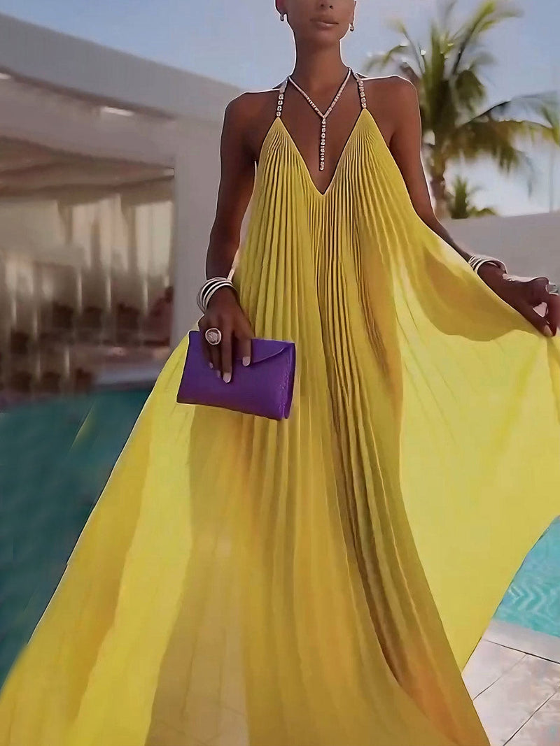 Elegant Pleated V-Neck Backless Chiffon Maxi Dress