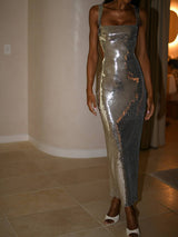 Payet Kesimli Uzun Elbise - Gümüş