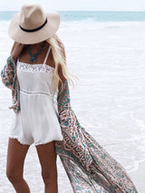 Boho Çiçek Desenli Önü Açık Şifon Maxi Örtü