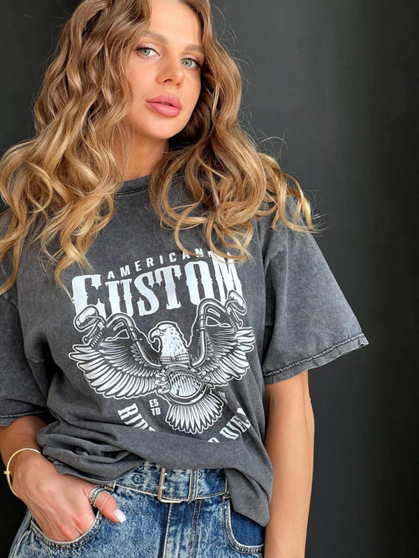 Vintage Kartal Mineral Yıkanmış Grafik Tişört Elbise