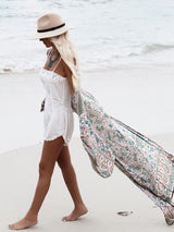 Boho Çiçek Desenli Önü Açık Şifon Maxi Örtü