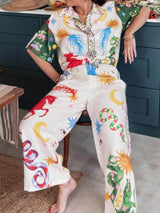 Benzersiz Baskı Kısa Kollu Bol Gömlek ve Elastik Bel Pantolon Takımı