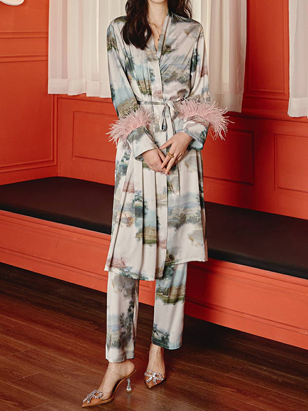 Tüy desenli manzara pijama üçlü paket