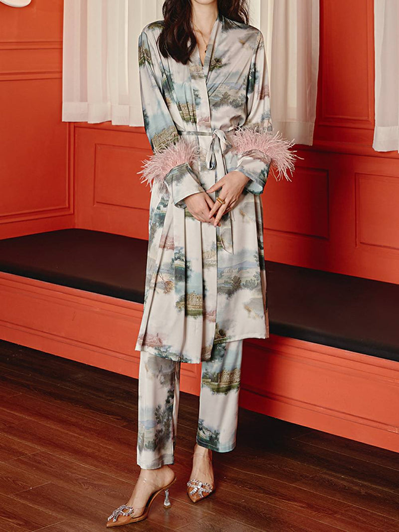 Tüy desenli manzara pijama üçlü paket