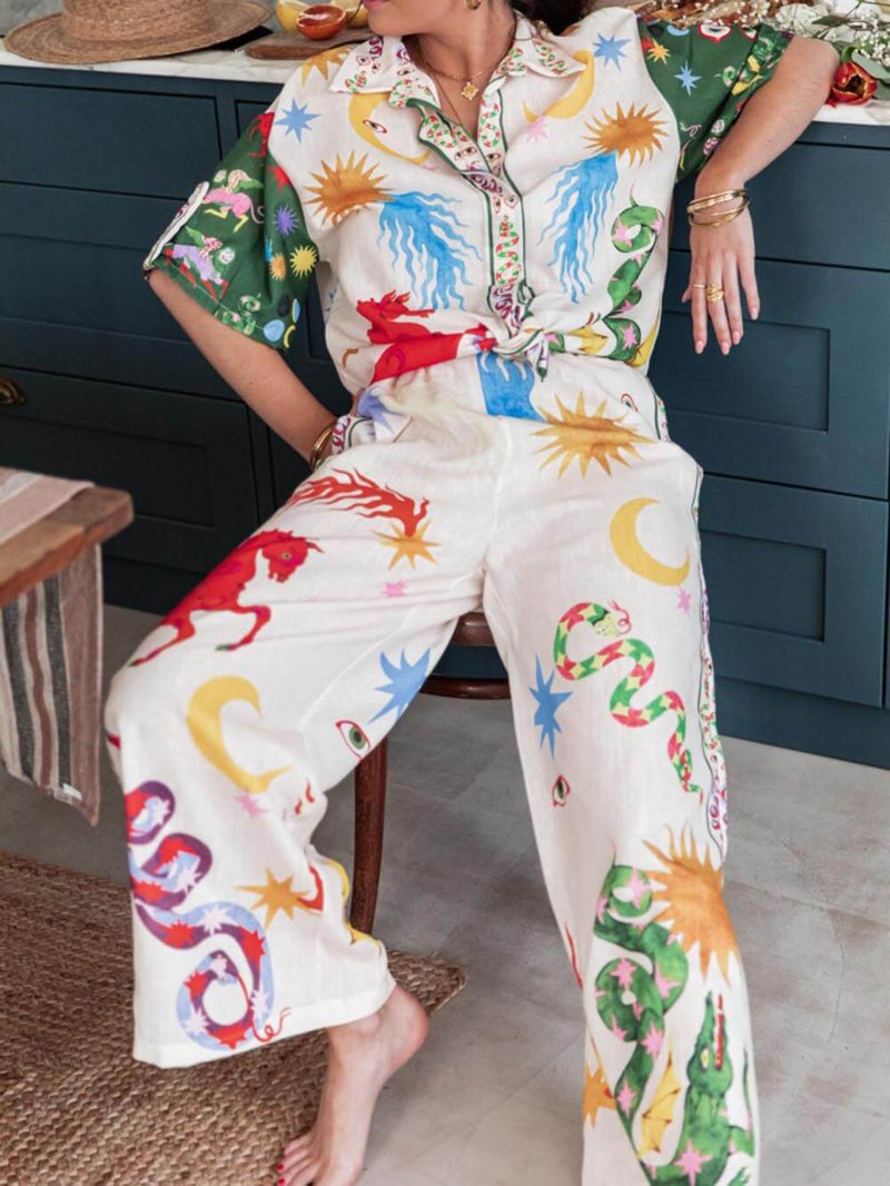 Benzersiz Baskı Kısa Kollu Bol Gömlek ve Elastik Bel Pantolon Takımı