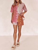 Parlak Güneş Bol Baskılı Tatil Gömlek Şort Takım