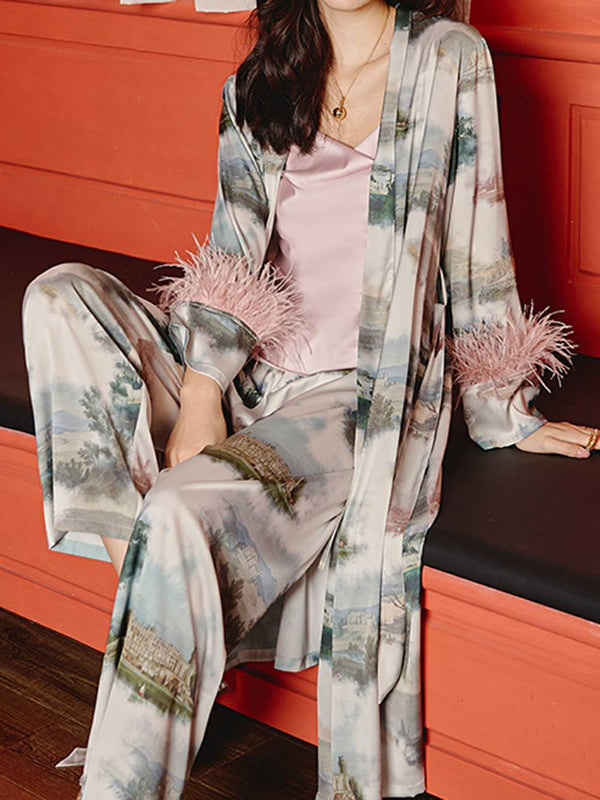 Tüy desenli manzara pijama üçlü paket