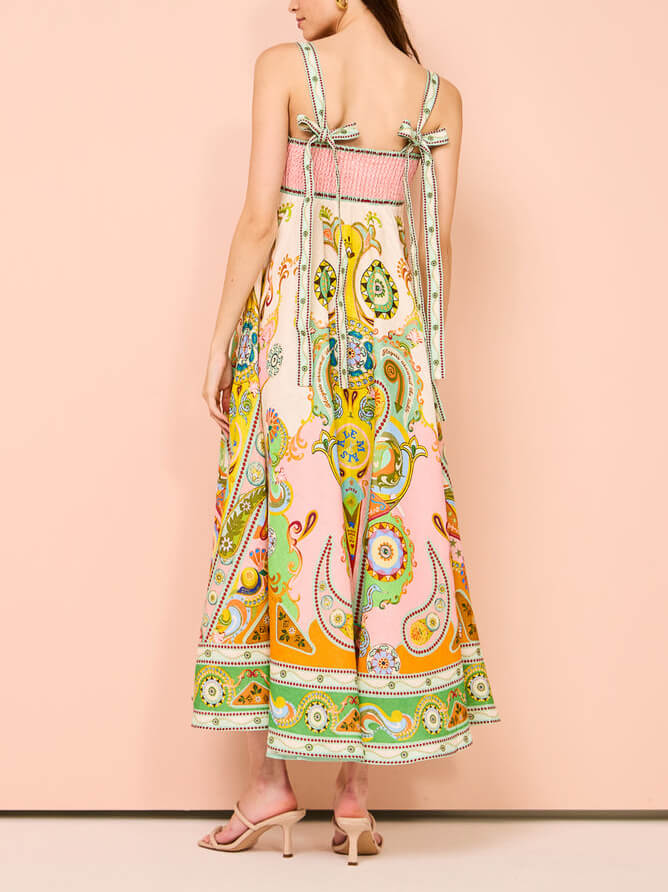 Kaşkorse Benzersiz Tatil Baskı Midi Elbise