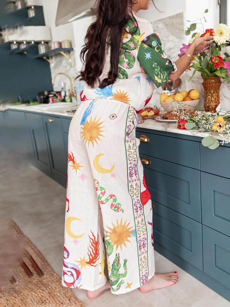 Benzersiz Baskı Kısa Kollu Bol Gömlek ve Elastik Bel Pantolon Takımı