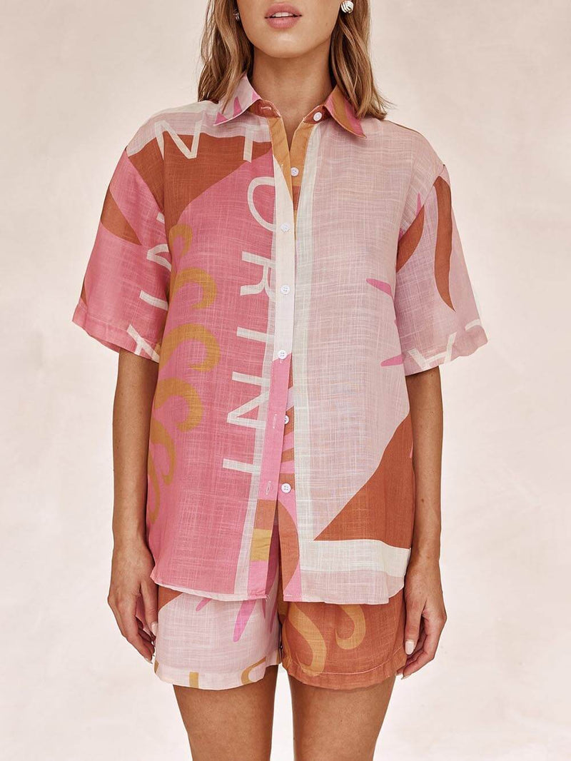 Parlak Güneş Bol Baskılı Tatil Gömlek Şort Takım