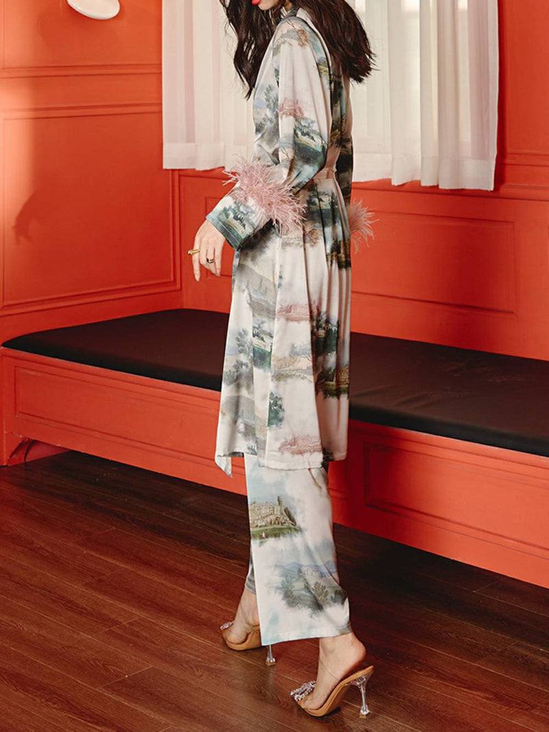 Tüy desenli manzara pijama üçlü paket