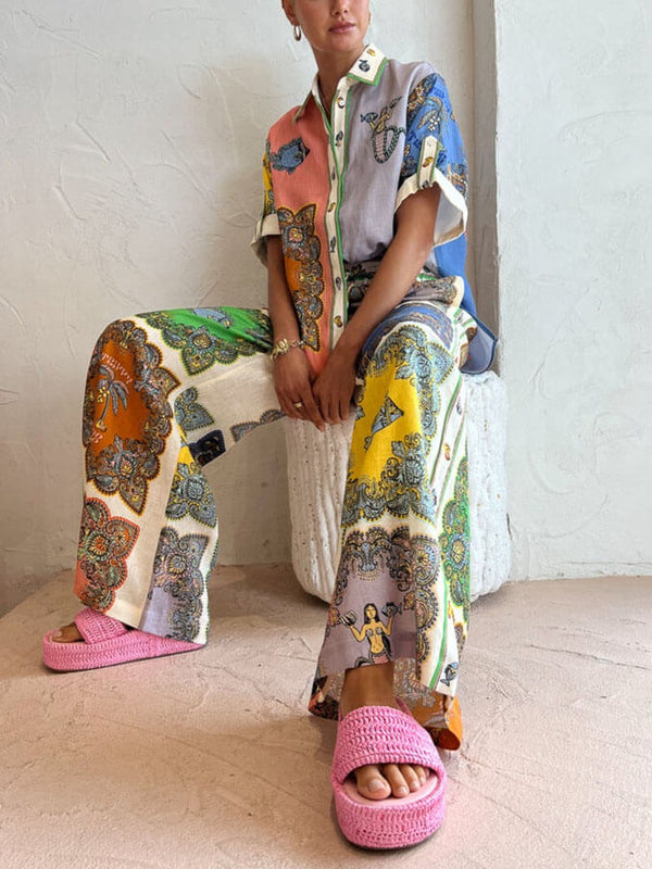 Paisley Saten Çiçekli Geniş Paça Pantolon