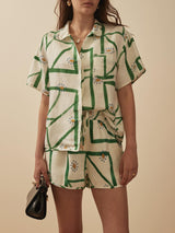 Benzersiz Narin Baskılı Gevşek Düğmeli Üst Şort Takım