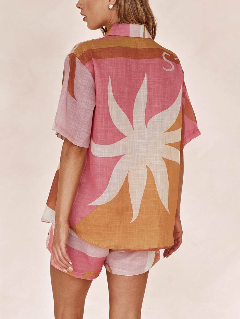 Parlak Güneş Bol Baskılı Tatil Gömlek Şort Takım