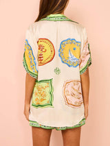 Krem Eşsiz Etnik Desenli Gömlek Şort Takım