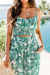 Turkuaz Boho Çiçekli İki Parça Pantolon Takım