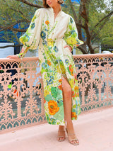 Benzersiz Desen Fener Kol Krem Hırka Tarzı Gömlek Elbise