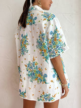 Çiçek Desenli Fildişi Detaylı Cepli Bluz ve Arkası Lastikli Şort Takım