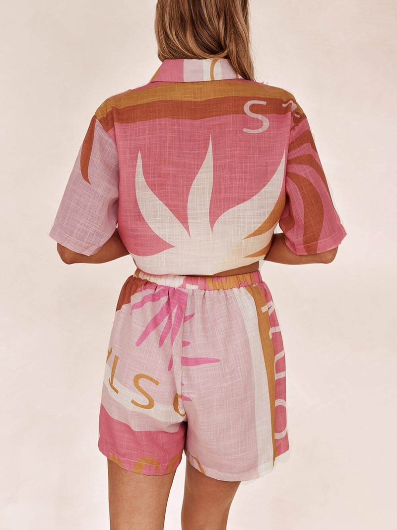 Parlak Güneş Bol Baskılı Tatil Gömlek Şort Takım