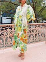 Benzersiz Desen Fener Kol Krem Hırka Tarzı Gömlek Elbise