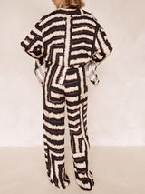 Signature Şerit Dokulu Çikolata Desenli Şalvar Pantolon Takım