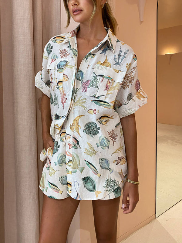 Kişiye Özel Balık Desenli Tatil Kısa Kollu Gömlek Batik Şort Takım