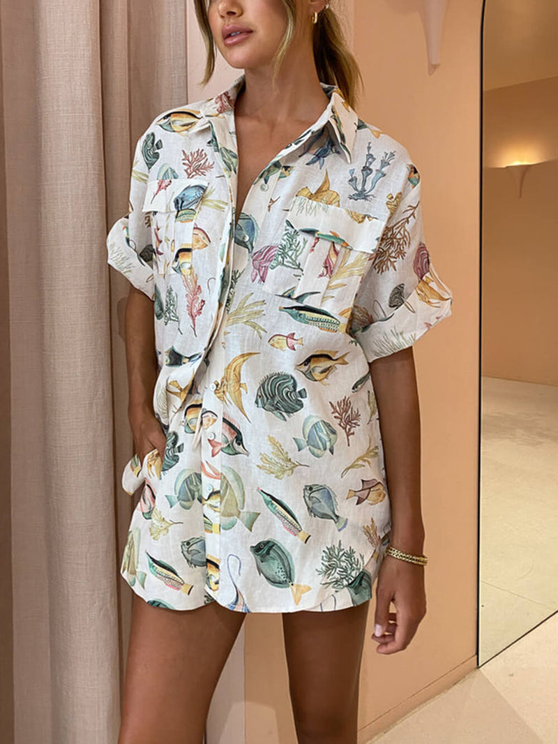 Kişiye Özel Balık Desenli Tatil Kısa Kollu Gömlek Batik Şort Takım