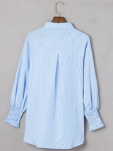 Gök Mavisi Büzgülü Manşetli Çizgili Cepli Erkek Arkadaş Gömleği