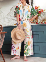 Benzersiz Baskı Kısa Kollu Bol Gömlek ve Elastik Bel Pantolon Takımı