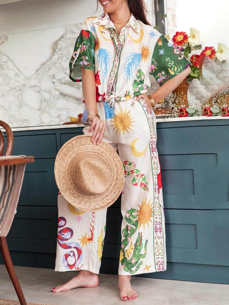 Benzersiz Baskı Kısa Kollu Bol Gömlek ve Elastik Bel Pantolon Takımı