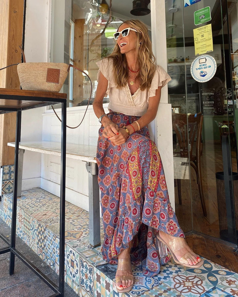 Fuşya Totem Çiçekli Dairesel Boho Maxi Etek