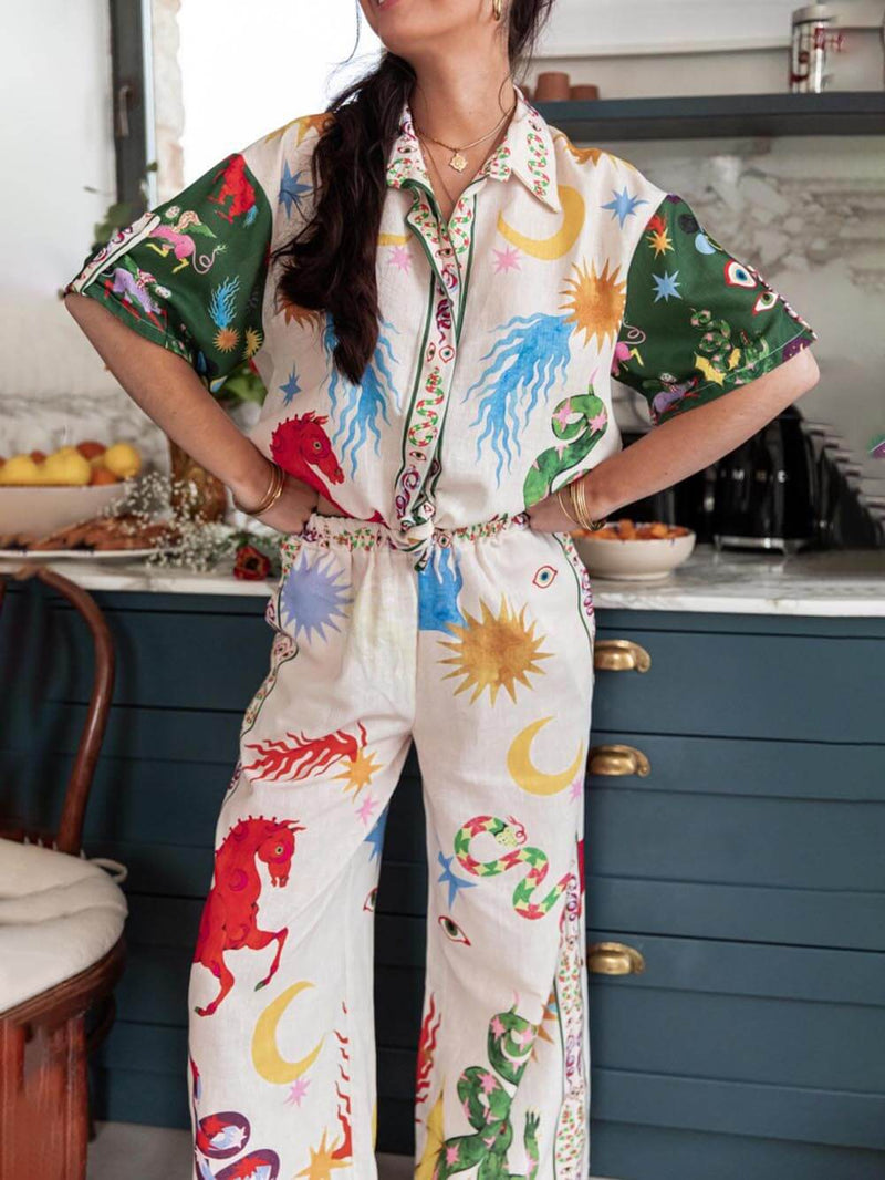 Benzersiz Baskı Kısa Kollu Bol Gömlek ve Elastik Bel Pantolon Takımı