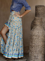 Hippi Çingene Mavi Yüksek Düşük Çiçekli Maxi Etek