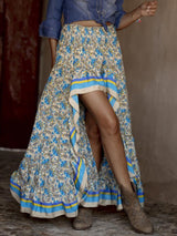 Hippi Çingene Mavi Yüksek Düşük Çiçekli Maxi Etek