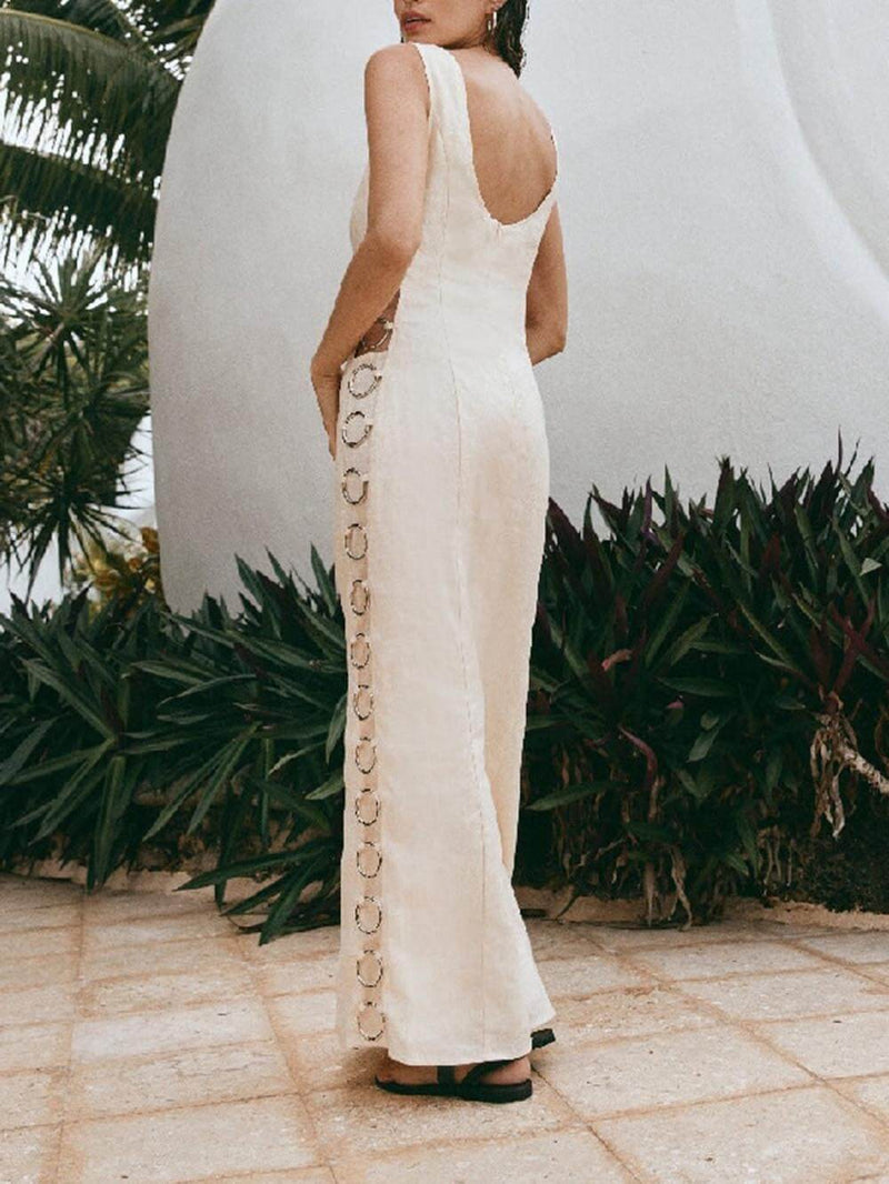 İmza Baskılı Halka Taşlı Kolsuz Midi Elbise