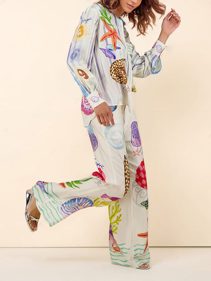 Okyanus Temalı Desenli Pantolon Takım