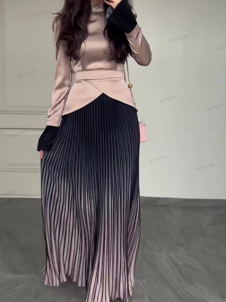 Renk Blok Ekleme Dar Kesim Bağcıklı Uzun Kollu Maxi Elbise