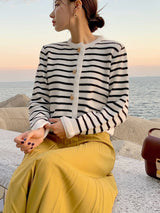 Günlük Yuvarlak Yaka Çizgili Örgü Hırka Kazak Takım